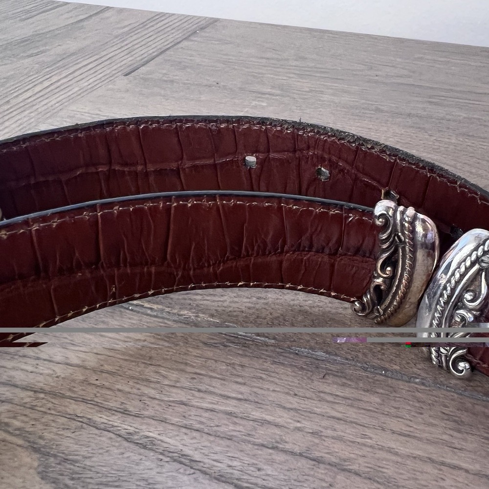 VTG Brighton Reversible Croc Embossed Leather Belt Black Brown Silver Buckle XL - Picture 4 of 7